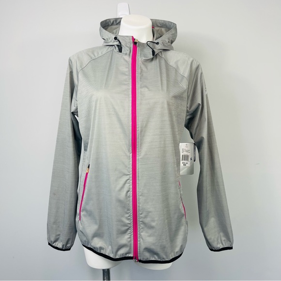 Asics Run Light Jacket Gray Heather Pink Trim Mesh Windbreaker Shell WT0851CW L - Picture 4 of 16